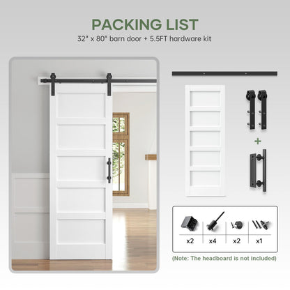 ROYMELO 32x80 Inch White Sliding Barn Door Slab with 5.5ft Hardware Kit Included, 5-Panel, MDF Wood Panel Covered with Water-Proof Scratch-Proof PVC Surface, Simple DIY Assembly