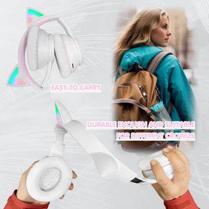 Mokata Gaming Bluetooth 5.0 Wireless Headphones Over Ear Cat Led Light Foldable Music Headset with Aux 3.5mm Microphone (Built-in) for Adult & Kids PC TV Game Music Pad Laptop Cellphone White