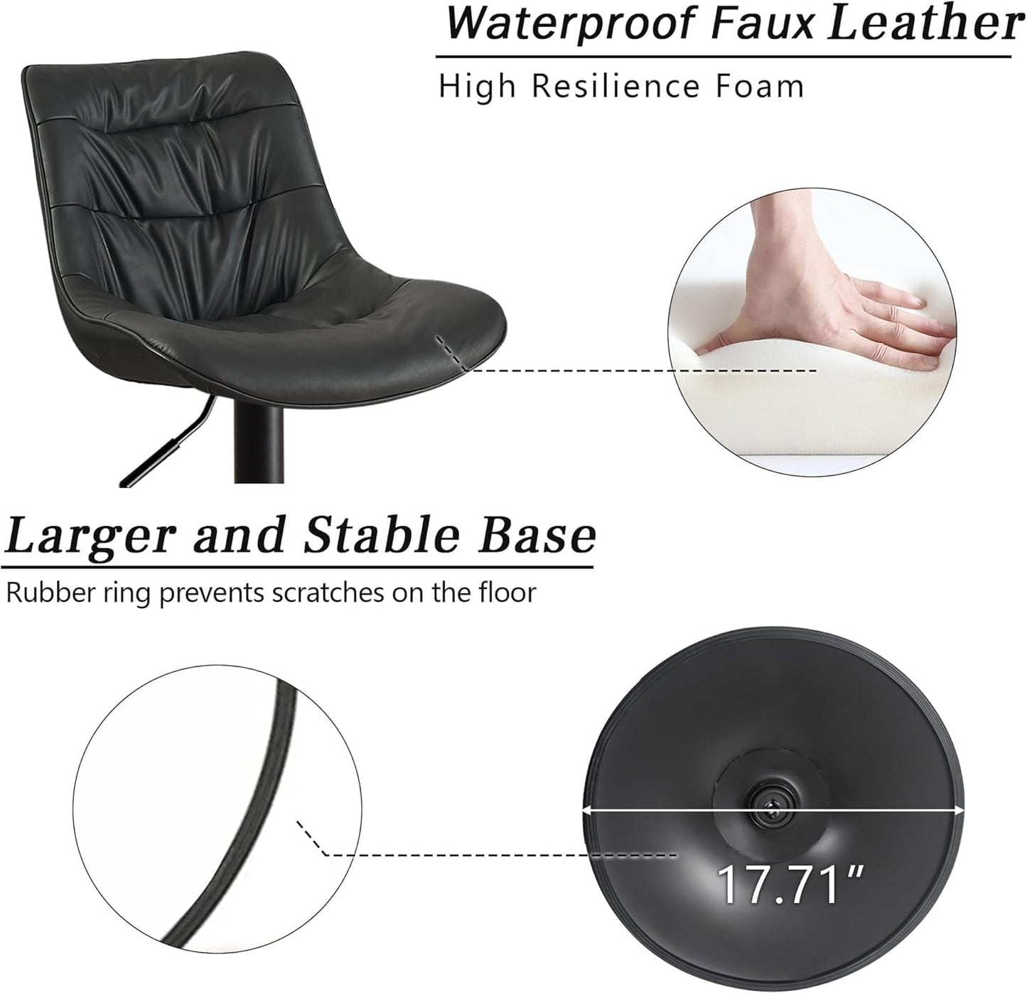 Kidol & Shellder Adjustable Bar Stools Set of 2, Faux Leather Counter Height BarStools with Back, Modern Mid Century Upholstered Bar stools for Kitchen Island Black
