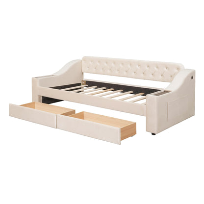Brisca Twin Size Upholstered Daybed with Storage Armrests and USB Port,Bed Frame W/ 2 Drawers & Wood Slats Support,for Bedroom,Apartment,Guest Room,Beige