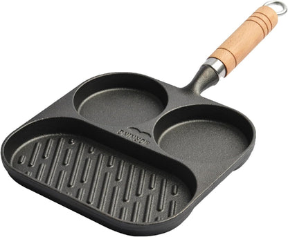 Egg Pan Omelette Pan, 3 Section Square Divided Breakfast Grill Pan with Solid Wood Handle, Nonstick Frying Pan for