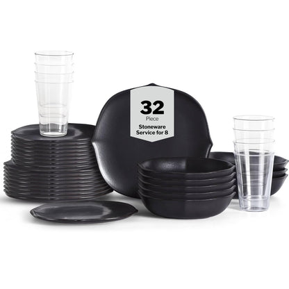 Stone Lain Baskerville 32-Piece Dinnerware Set Stoneware, Borosilicate Glass, Black