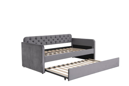 Acosure Twin Size Velvet Upholstered Daybed with Trundle and USB Charging Design,Bed Frame W/Fabric-Tufted Linen Backrest,for Bedroom,Guest Room,Apartment,Dark Grey