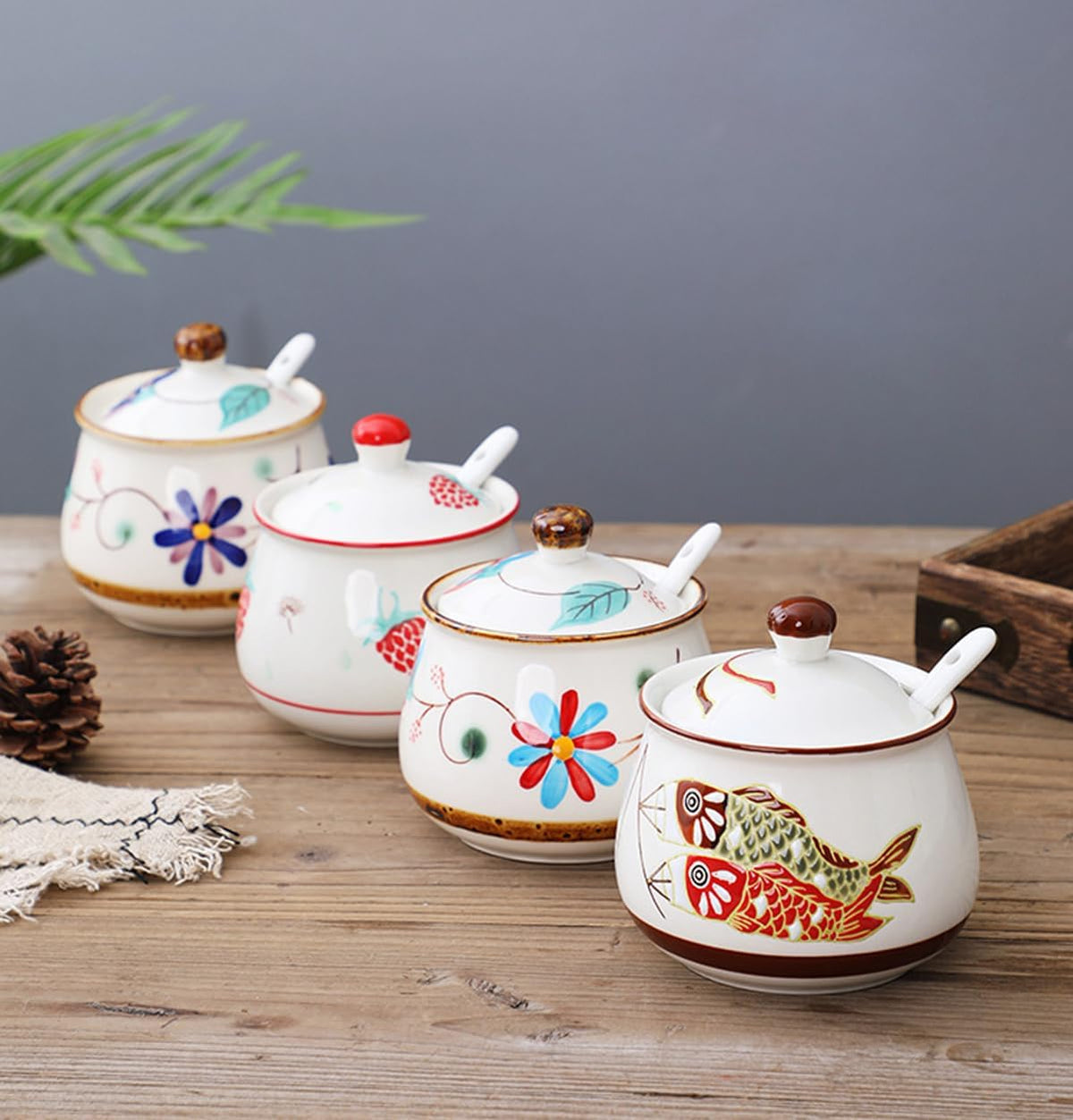 Cute Hand-painted Ceramic Sugar Bowl, Seasoning Jar, Blue Floral Pattern, 320ml for Kitchen Decor