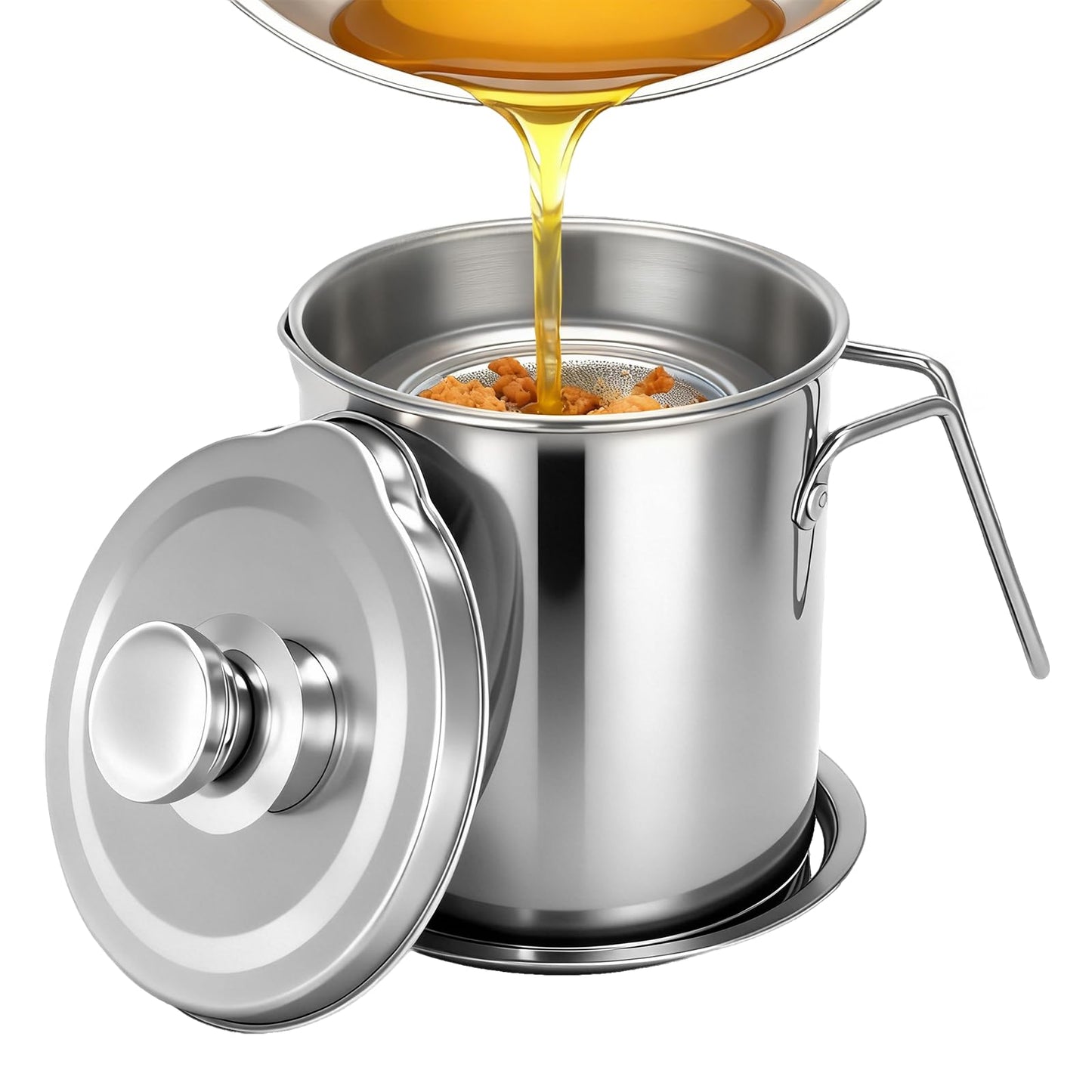 Opifex Bacon Grease Container with Fine Mesh Strainer,2.0L/68oz Stainless Steel Bacon Grease Keeper with Lid and Tray,Large Cooking Oil Storage Can for Frying Oil, Lard, Dishwasher Safe