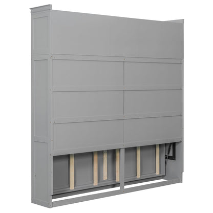 Murphy Bed Queen Size,Murphy Bed with Top Cabinets & Wine Rack,Space-Saving Hideaway Wall Foldable Bed w/Dual Piston Metal Folding Mechanism,Bedroom Folding Bedframe for Guest Room,Gray