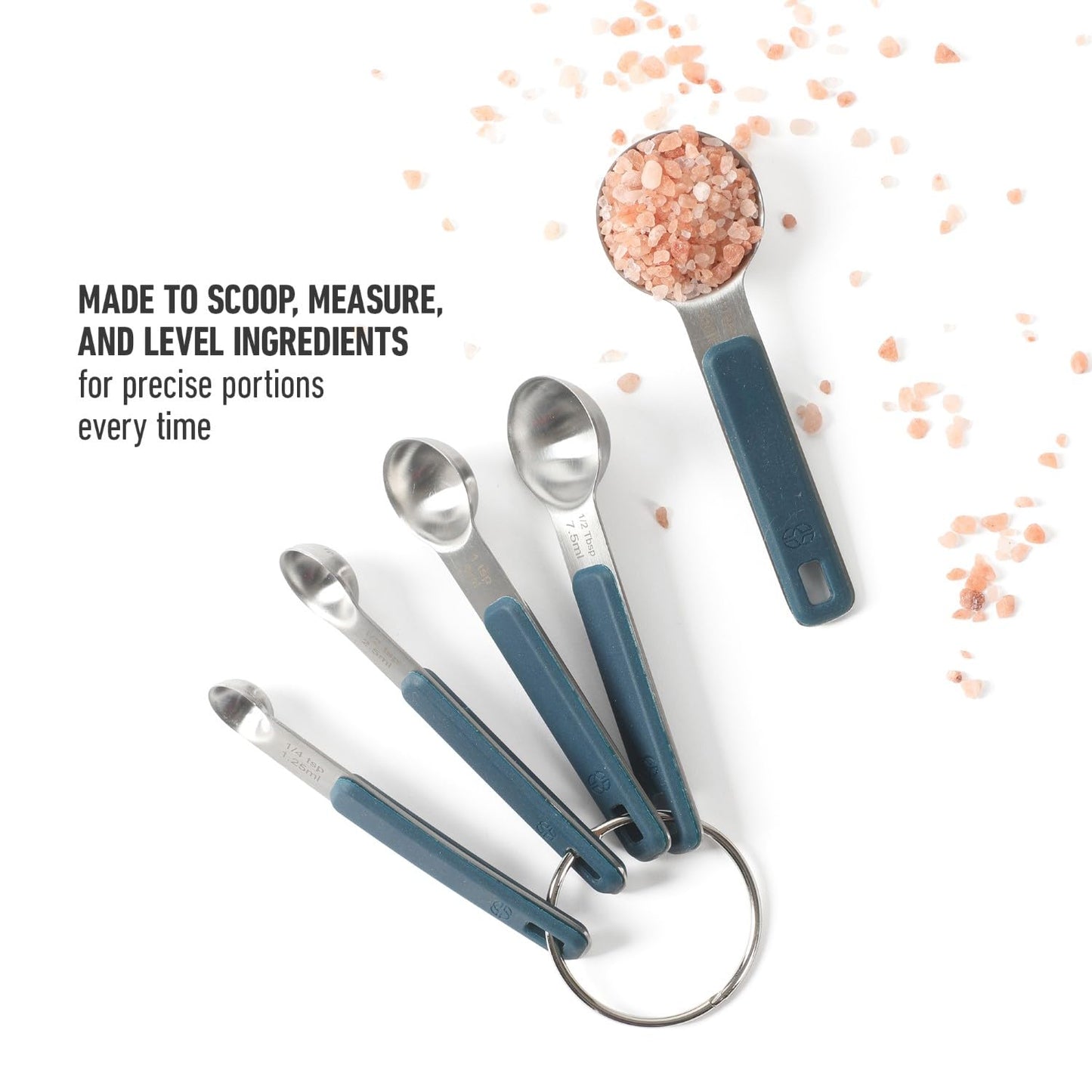 Calphalon Prime 5 Piece Stainless Steel Measuring Spoons W/Navy Blue Silicone Handles