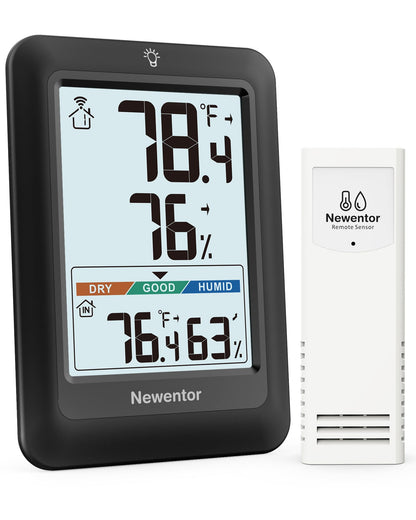 Newentor Indoor Outdoor Thermometer Wireless, Weather Stations Wireless Indoor Outdoor, Outdoor Thermometers for Patio House, Black with 1 Sensor