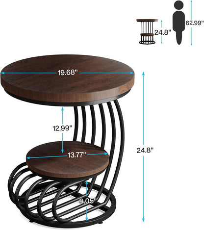 LITTLE TREE Round Side Table, Wood End Table with 2-Tier Storage Shelf, Accent Coffee Table, Creative Curved Metal Frame End Table for Small Spaces, Living Room, Bedroom, Brown + Black