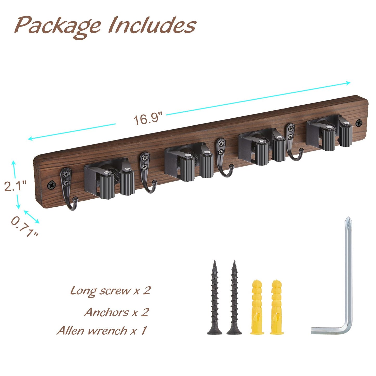 OUTNILI Mop and Broom Holder Wall Mount - Wood Broom Mop Hanger - Wall Mounted Garden Tool Rack Organizer for Closet Garage Laundry Room, Rustic Kitchen Decor With 4 Slots & 4 Hooks
