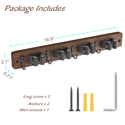 OUTNILI Mop and Broom Holder Wall Mount - Wood Broom Mop Hanger - Wall Mounted Garden Tool Rack Organizer for Closet Garage Laundry Room, Rustic Kitchen Decor With 4 Slots & 4 Hooks