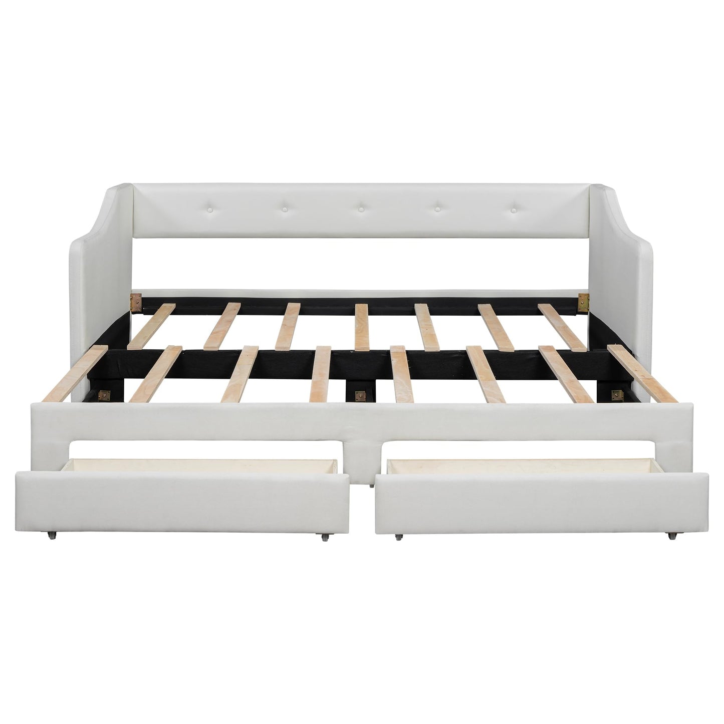 Twin XL to King Size Upholstered Daybed with Linen Fabric, 2 Storage Drawers, Extendable Platform Bed with Foam-Padded Back and Armrests, Sturdy Pine and MDF Frame, Sofa Bed for Users, Beige