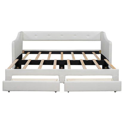 Twin XL to King Size Upholstered Daybed with Linen Fabric, 2 Storage Drawers, Extendable Platform Bed with Foam-Padded Back and Armrests, Sturdy Pine and MDF Frame, Sofa Bed for Users, Beige
