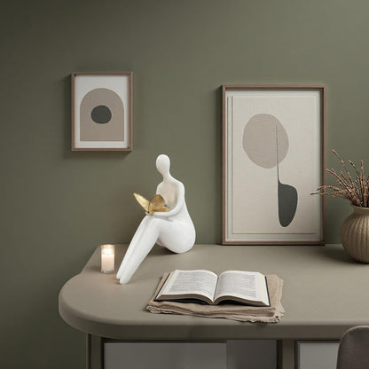 Lescafita White Abstract Sitting Figurine with Gold Butterfly Modern Shelf Sitter Sculpture for Home Decor, Minimalist