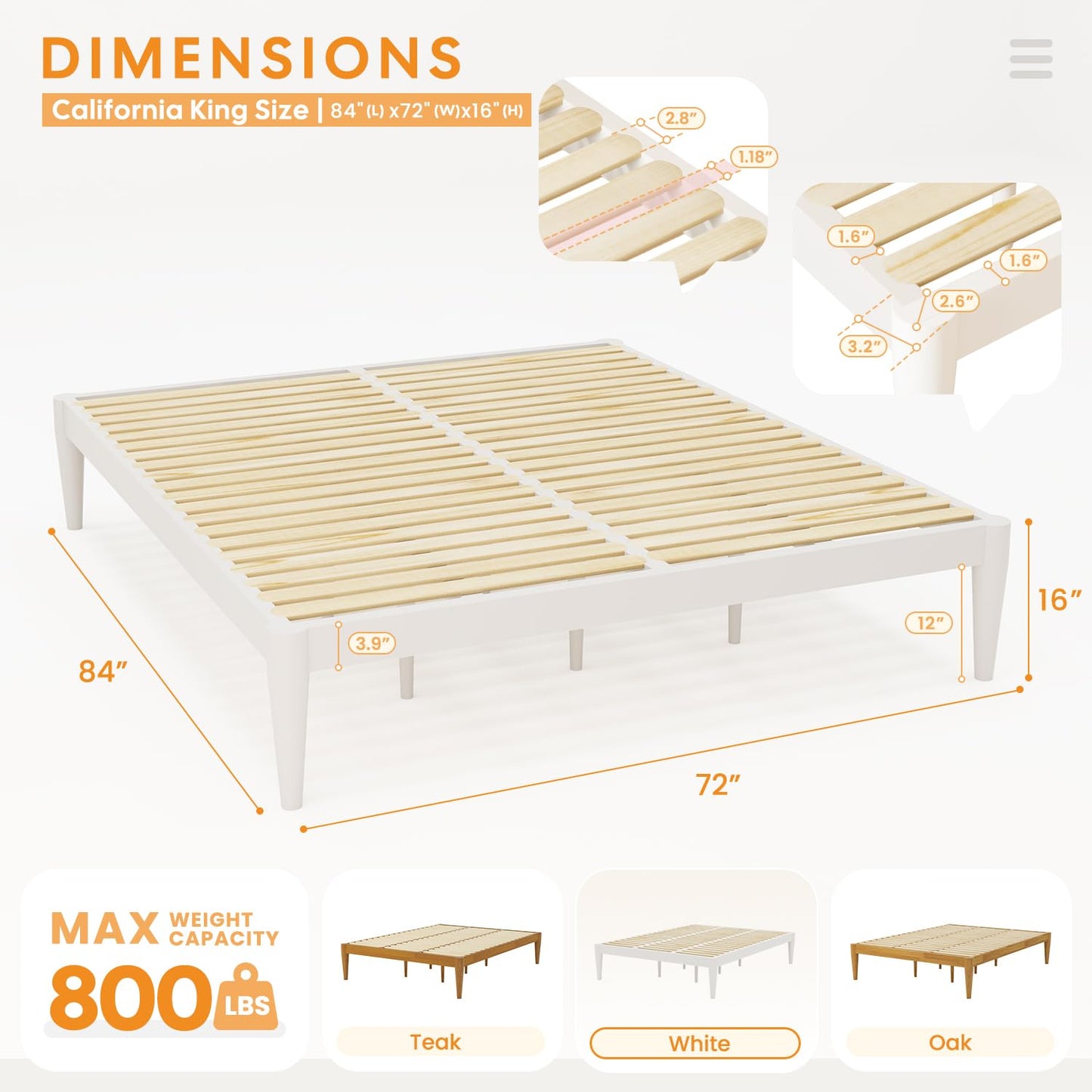 IOTXY California-King Platform Bed Frame - Solid Wood 16-Inch Height Mattress Foundation Base with Densely Slats and Heavy-Duty Support Legs, No Box Spring Needed, White
