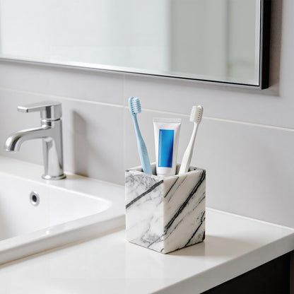 WORHE Natural Lilac Marble Toothbrush Holder 3.93Inch Solid Stone Makeup Brush Organizer, Luxurious Pen Holder, Square Utensil Storage Container for Bathroom, Office, Countertop Home Decor (WH097)