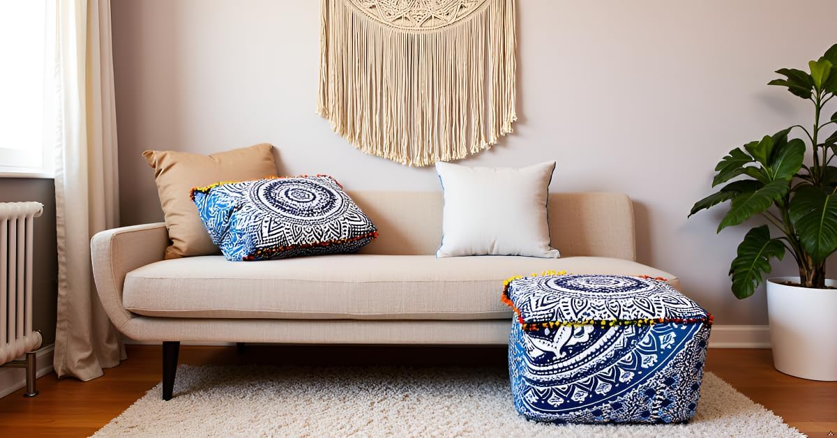 18X18X14 inches, CRAFT KALA Indian Square Patchwork Traditional Pouf Cover Indian Living Room Poufs Cover Decorative