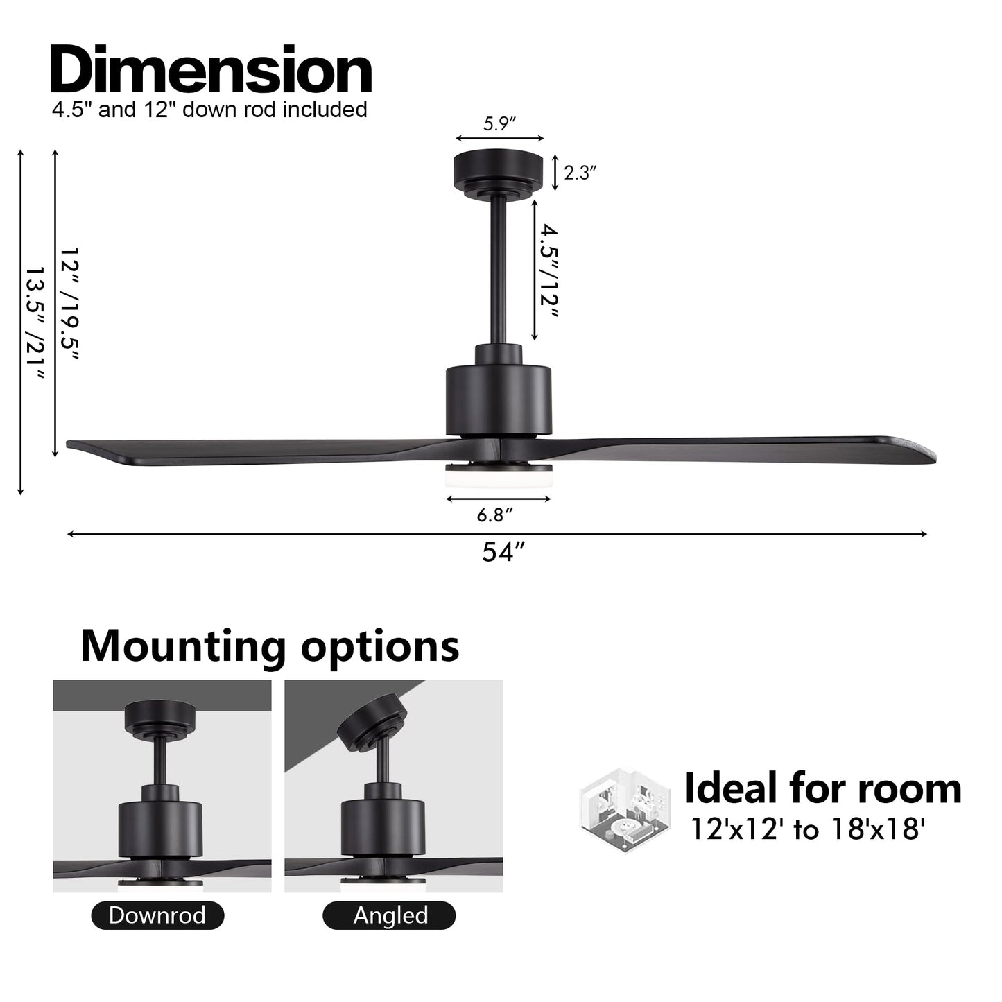 WINGBO 54 Inch DC Ceiling Fan with Lights and Remote Control, 4 Carved Solid Wood Blades, 6-Speed Noiseless Reversible DC Motor, Modern Ceiling Fan in Matte Black Finish with Black Blades