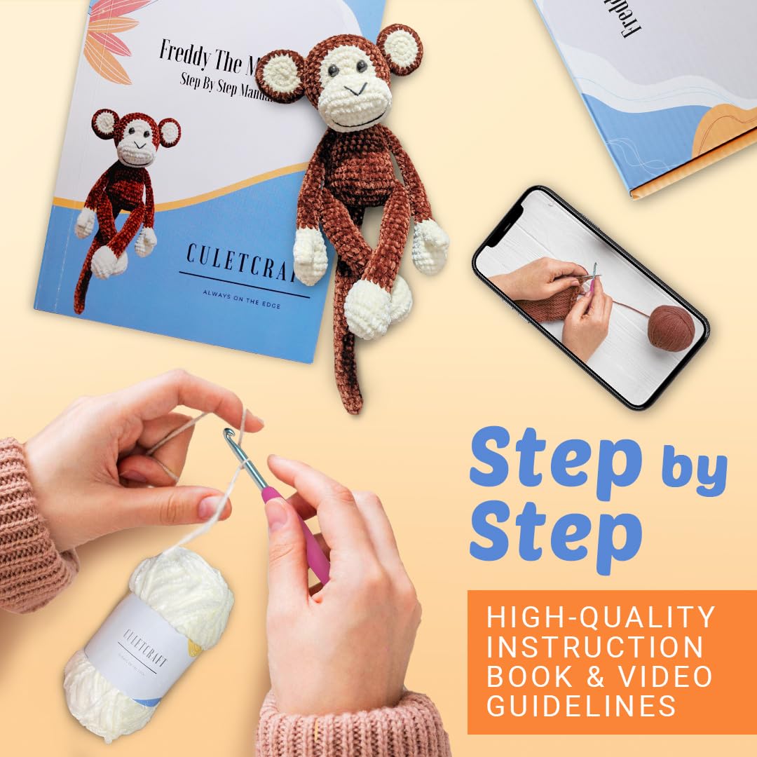 CULETCRAFT Crochet Kit for Beginners Adults, Freddy the Monkey DIY Crochet Animal Kit for Beginners, Learn to Crochet with Step-By-Step Instruction Book, Beginner Crochet Kit for Adults