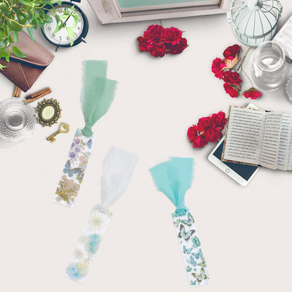 BEAMARKER Bookmark Making Kit 12Pcs Clear Acrylic Bookmark Blanks with 19 Sheets Flower Butterfly Star Theme Stickers 4m Green White Ribbon and 12 Gift Bags for DIY Crafts Green Theme