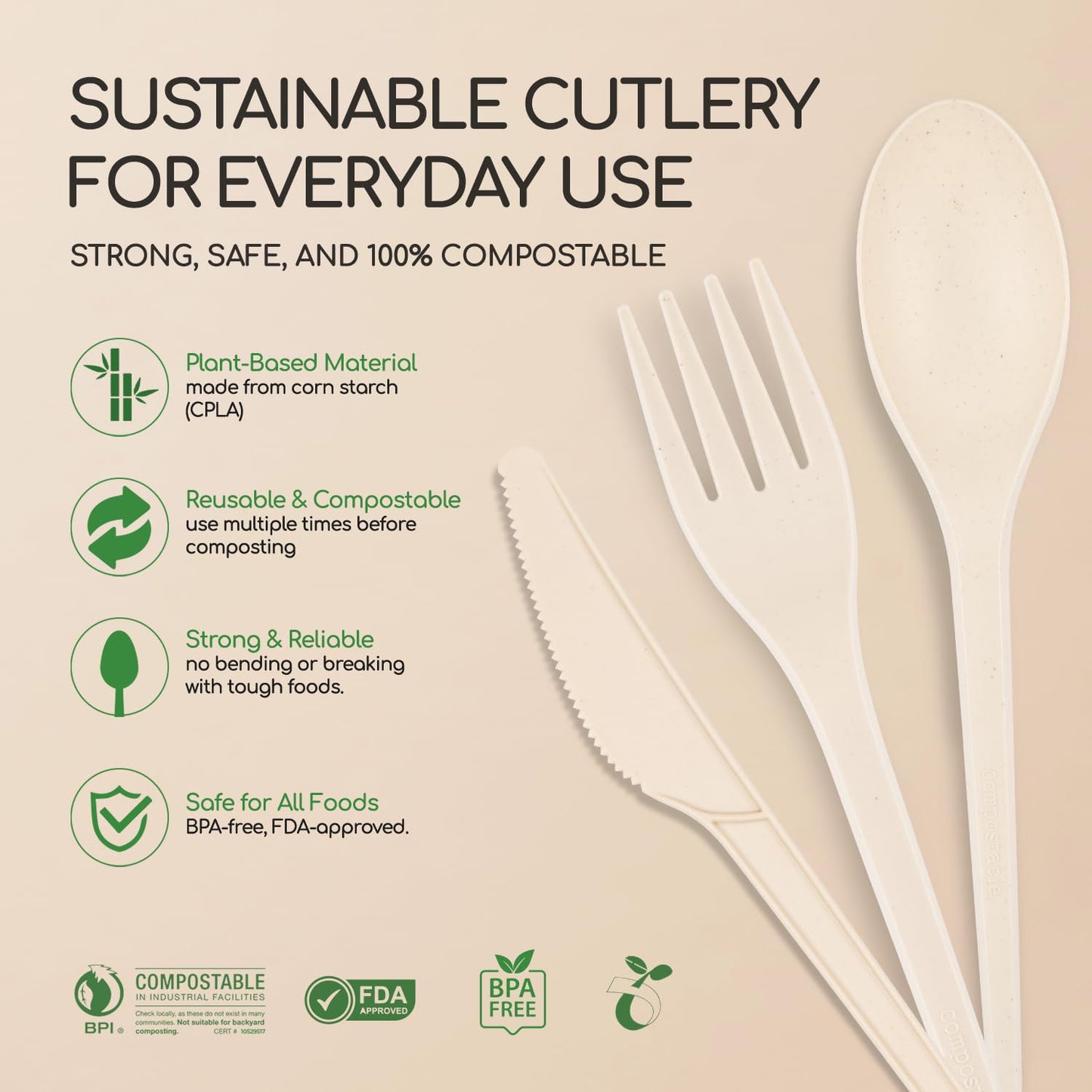 Living Balance Certified Compostable Cutlery 180 Pieces Set - CPLA 60 Forks, 60 Spoons & 60 Knives - Heavy Duty Flatware - Reusable, Zero Waste, Travel, Picnic, to Go & Kitchen Use - BPA Free