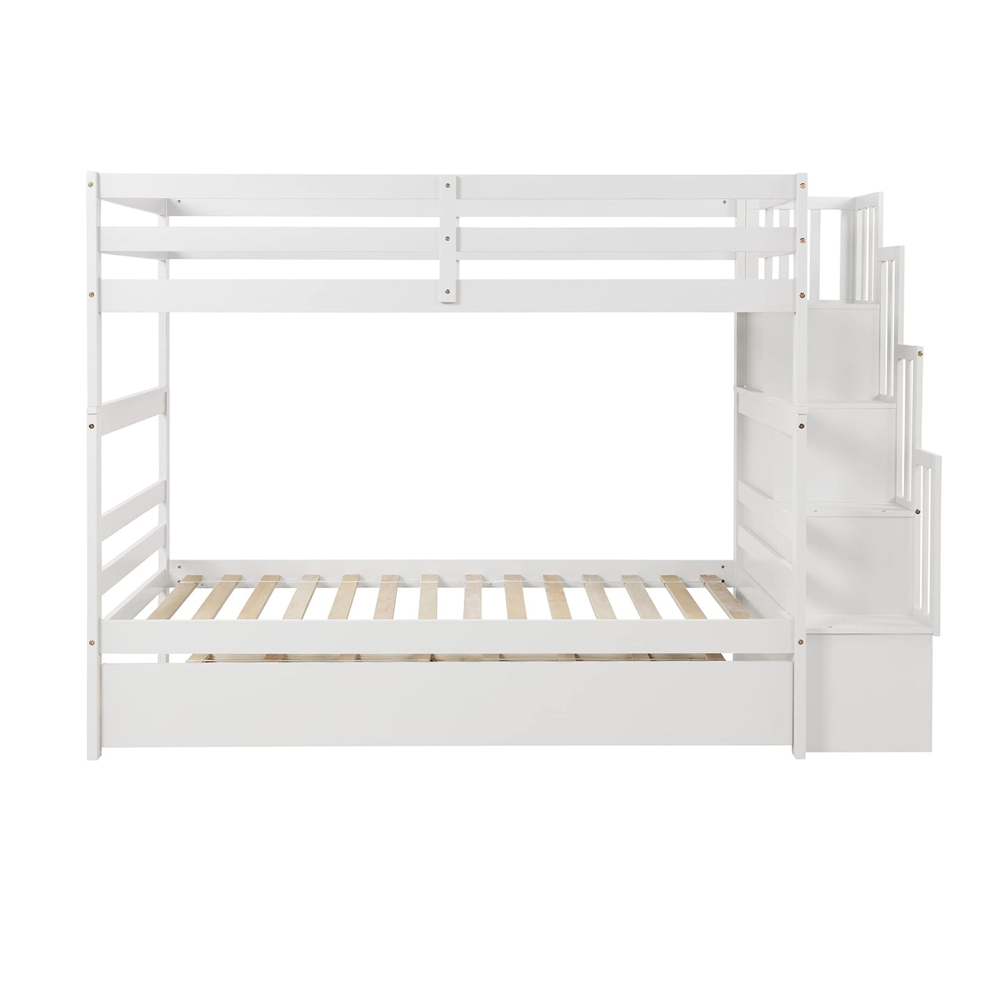 Twin Over Twin Bunk Bed with Trundle,Solid Wood Bunk Beds with Storage Stairs,Bunk Bed Twin Size with Stairs for Kids,Teens,Adults,White