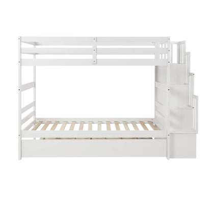 Twin Over Twin Bunk Bed with Trundle,Solid Wood Bunk Beds with Storage Stairs,Bunk Bed Twin Size with Stairs for Kids,Teens,Adults,White