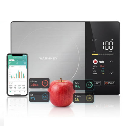 WARMKEY TFT Dual Display Smart Nutrition Scale with App, Tracks Calories, Fat, Carbs & Protein, 1g Precision, 5kg/11lb, 50 Foods 24 Nutrients, for Meal Prep, Keto & Healthy Diet