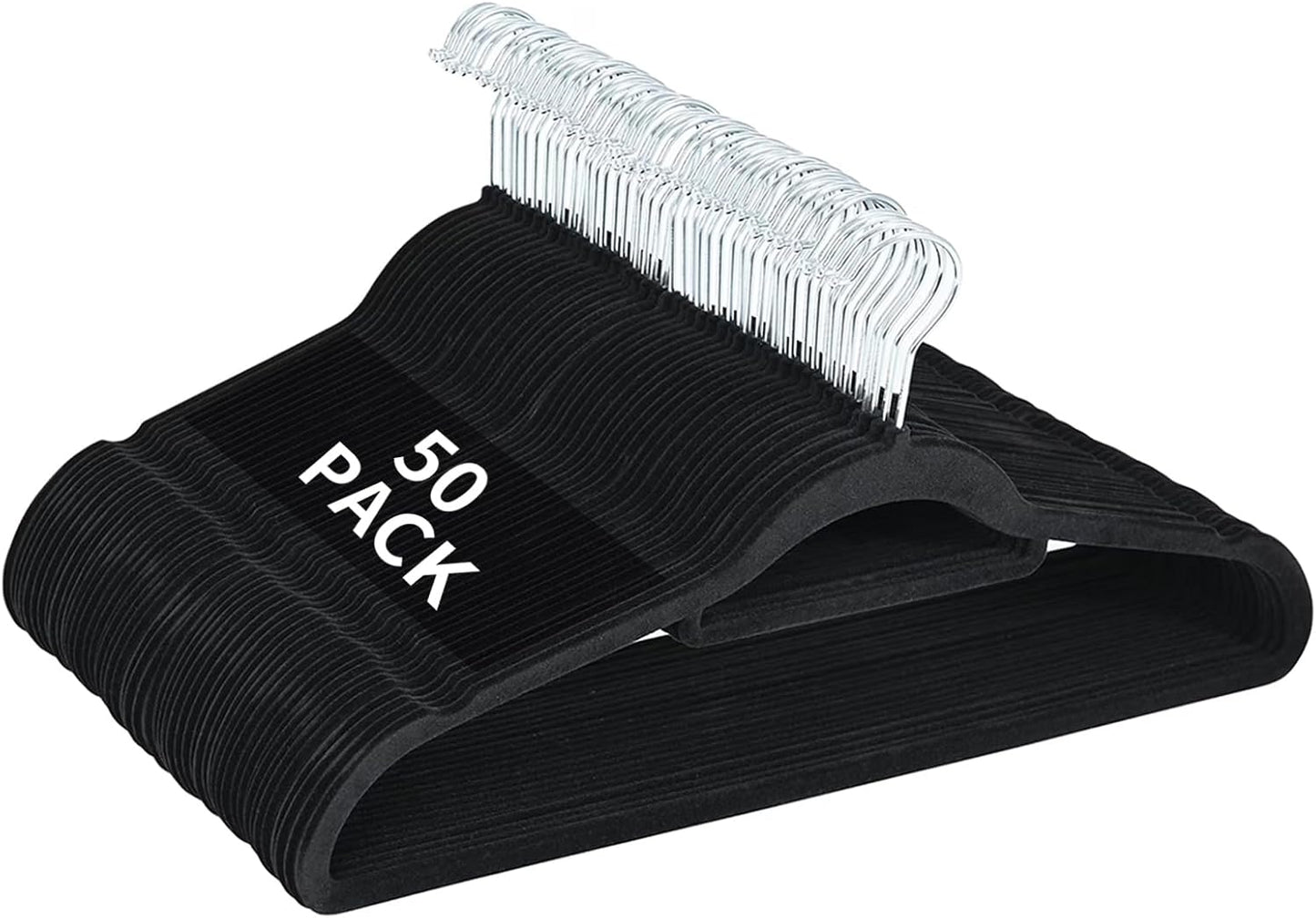Skiennix Velvet Hangers - 50 Pack Heavy Duty Non-Slip Space Saving Coat Hangers | Black with 360° Rotating Hook
