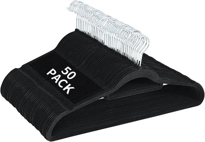 Skiennix Velvet Hangers - 50 Pack Heavy Duty Non-Slip Space Saving Coat Hangers | Black with 360° Rotating Hook