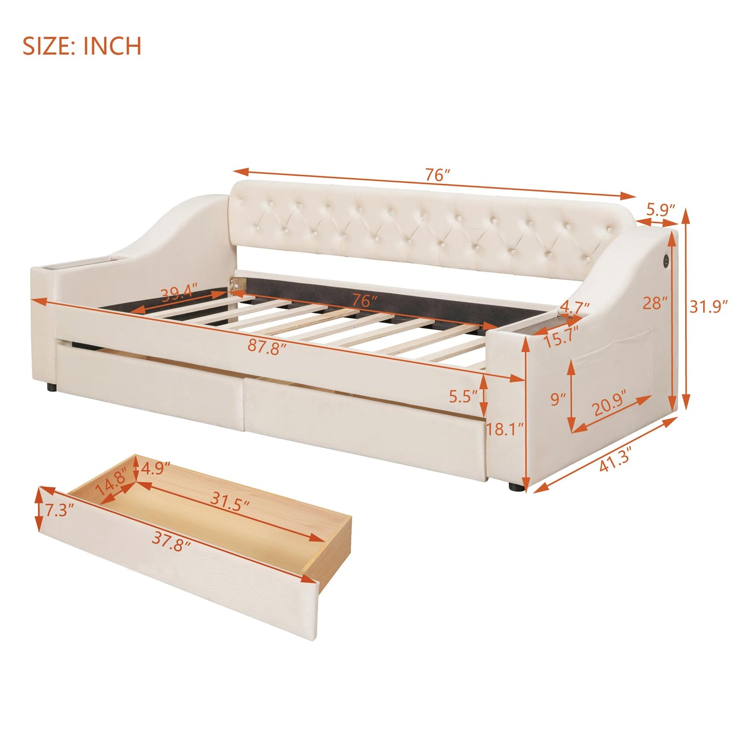 Acosure Twin Size Upholstered Daybed with 2 Large Drawers and USB Port,Bed Frame W/Armrests & Wood Slat Spport,for Bedroom,Apartment,Guest Room,Beige