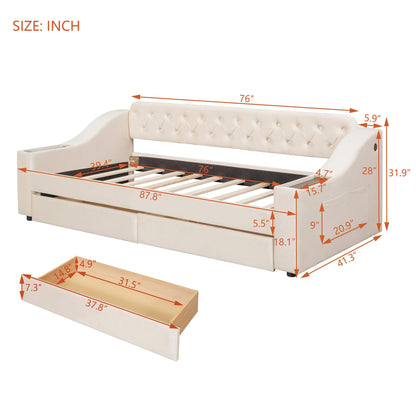 Merax Twin Size Upholstered Daybed with Storage Armrests, Wooden Sofa Bed Frame with 2 Drawers and USB Port, Beige