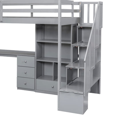 KTATK Twin Size Loft Bed with Storage Shelves and Under-Bed Desk,Bedroom Multifunctional Bed Frame w/Solid Wood Slat Support & Full-Length Guardrail,for Adult Boy Girl Teen,White
