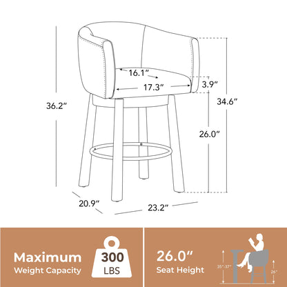 CHITA Genuine Leather Swivel Bar Stool, Modern Counter Height Bar Stools with Arms, Solid Wood Turned Legs, Upholstered Barstools for Kitchen Island, 26" Seat Height