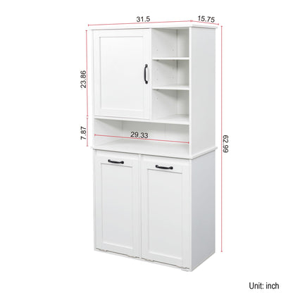 KEIKI 62.99'' H Laundry Cabinet with Doors and shelf, Tilt-Out Laundry Hamper, Multiple Storage Space, Freestanding Style, Open Shelve, Adjustable Shelf, White, (Style C)