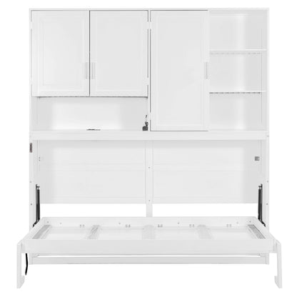 DNYN Twin Size Murphy Bed with Top Cabinets and LED for Bedroom/Guest/Study Room, Foldable Wall Bed Frame with USB and Storage Shelves, Space-Saving & No Box Spring Needed