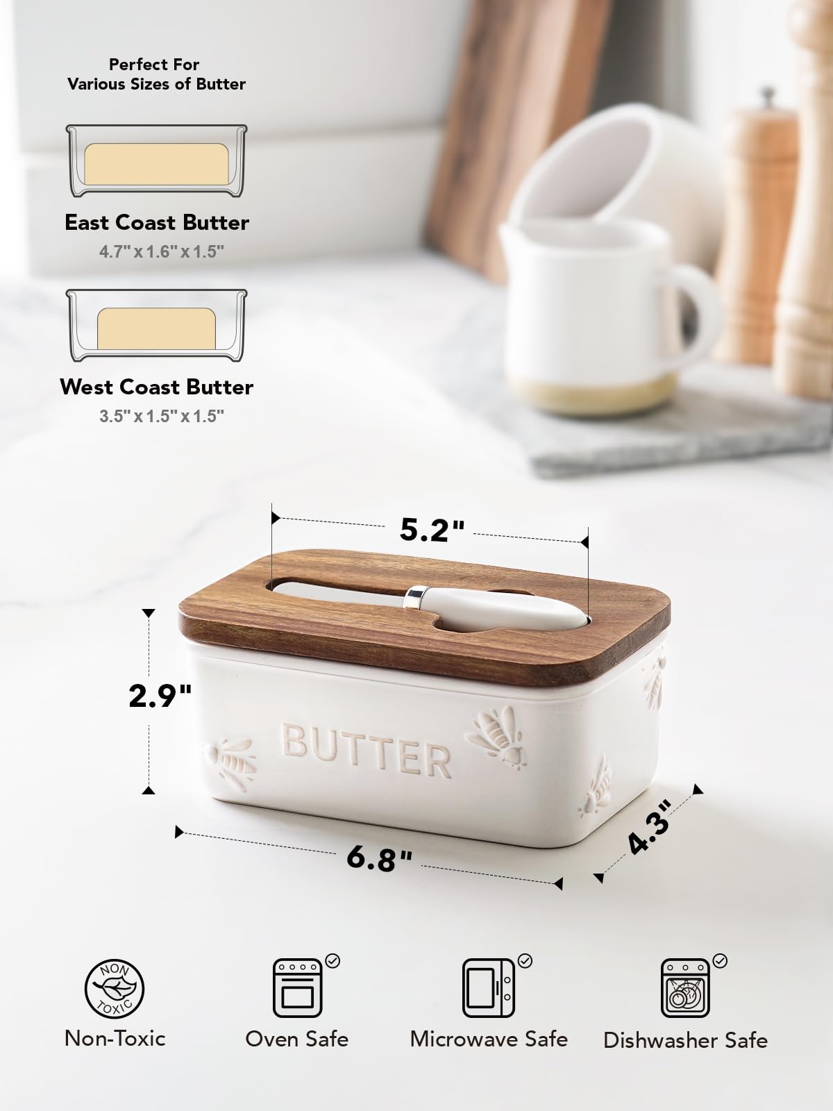 LE TAUCI Butter Dish with Lid for Countertop, Ceramic Butter Container, Embossed Butter Keeper with Acacia Wood lid, Knife, and Airtight Cover, Farmhouse Decor - Set of 1, Arctic White, Bee Pattern