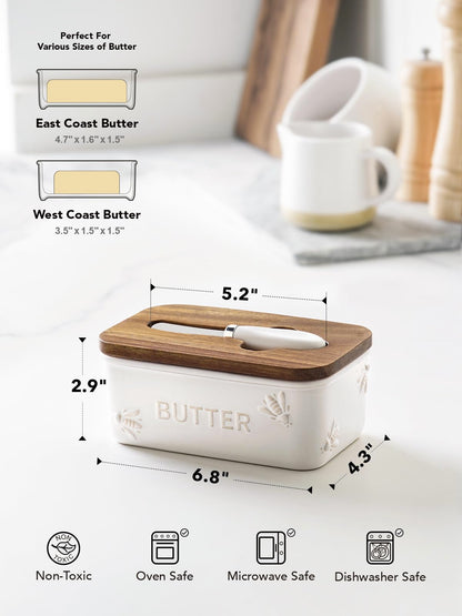 LE TAUCI Butter Dish with Lid for Countertop, Ceramic Butter Container, Embossed Butter Keeper with Acacia Wood lid, Knife, and Airtight Cover, Farmhouse Decor - Set of 1, Arctic White, Bee Pattern