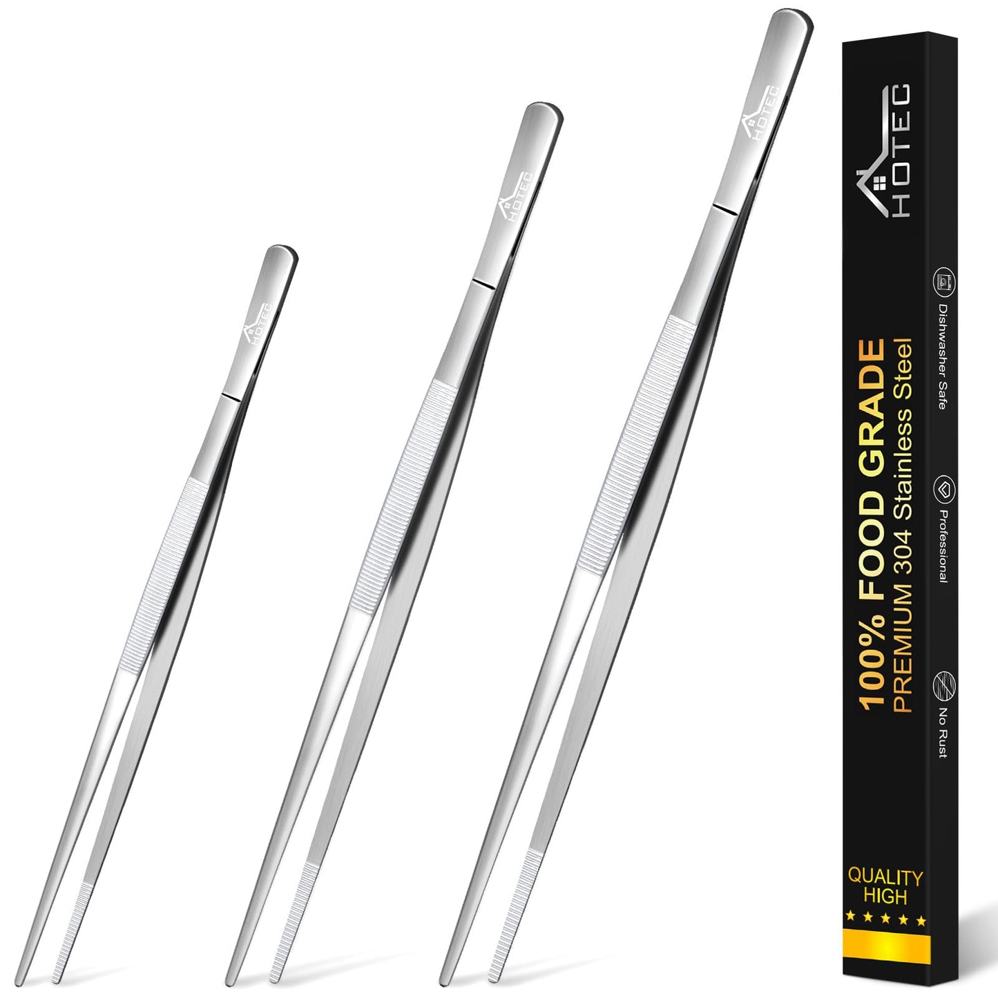 HOTEC Kitchen Tweezers Tongs Stainless Steel Professional Chef Tweezers, Set of 3-6.3", 10" and 12inch Food Tongs for Cooking, Repairing, Dessert, BBQ, Meat, Pasta, Silver