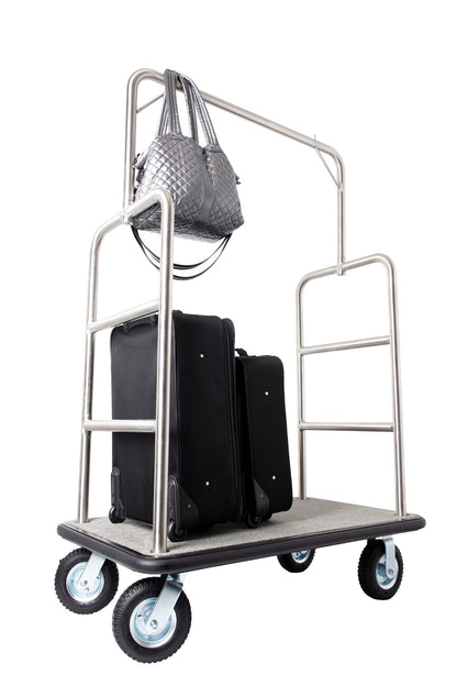 Wholesale Hotel Products Stainless Steel Luggage Cart – 1200lb Capacity – Hotel Bellman Heavy Duty Cart w/ 1.5” Welded Steel Frame, Grey Carpeted Deck & Rubber Wheels, for Travel & Outdoor Use