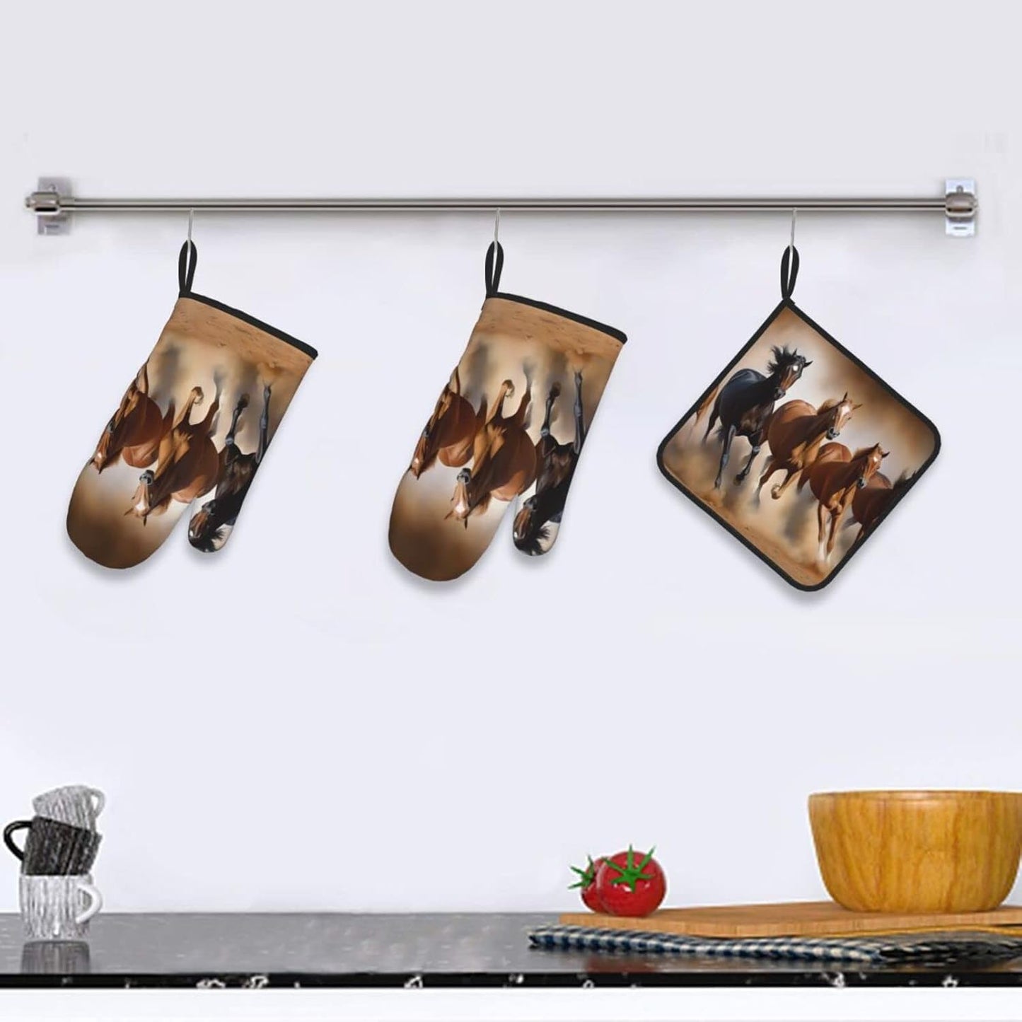 Oven Mitts and Potholders, Animal Horse Elegant Running Horse in Desert Sand Storm Baking Glove and Pot Holder, 3-Piece
