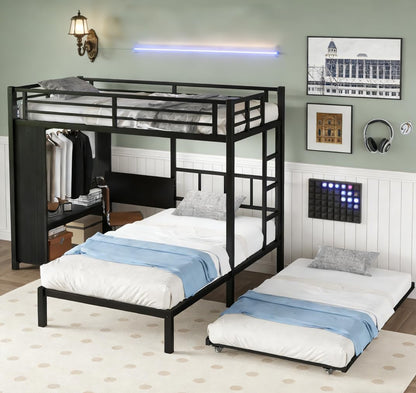 Bellemave Twin/Twin XL Over Twin XL bunk Bed with Foldable Desk and Wardrobe and Twin Trundle, loft Bed with Desk and Desk, Metal Bunk Beds with Storage, Black