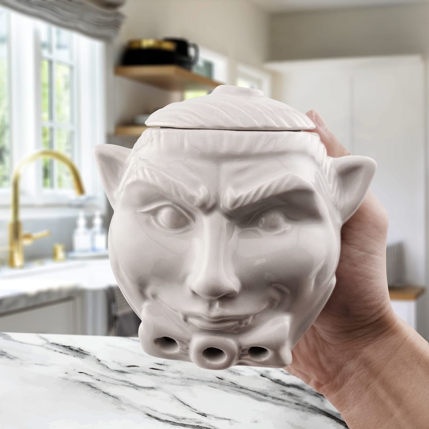 Kwirkworks Spooky Dracula Garlic Pot - Unique Ceramic Container with Three Ventilation Holes for Fresh Garlic Storage