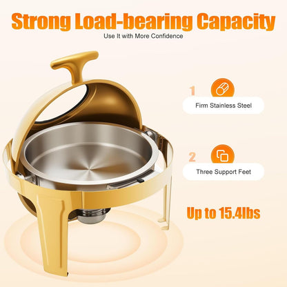 ZephPerton Round Gold Buffet Chafing Dish, Buffet Server Capacity Golden Food Warmer, 180° Roll Top with Visible Glass Lid & Surround Water Heat Insulation for Home Restaurant Party Catering Hotel