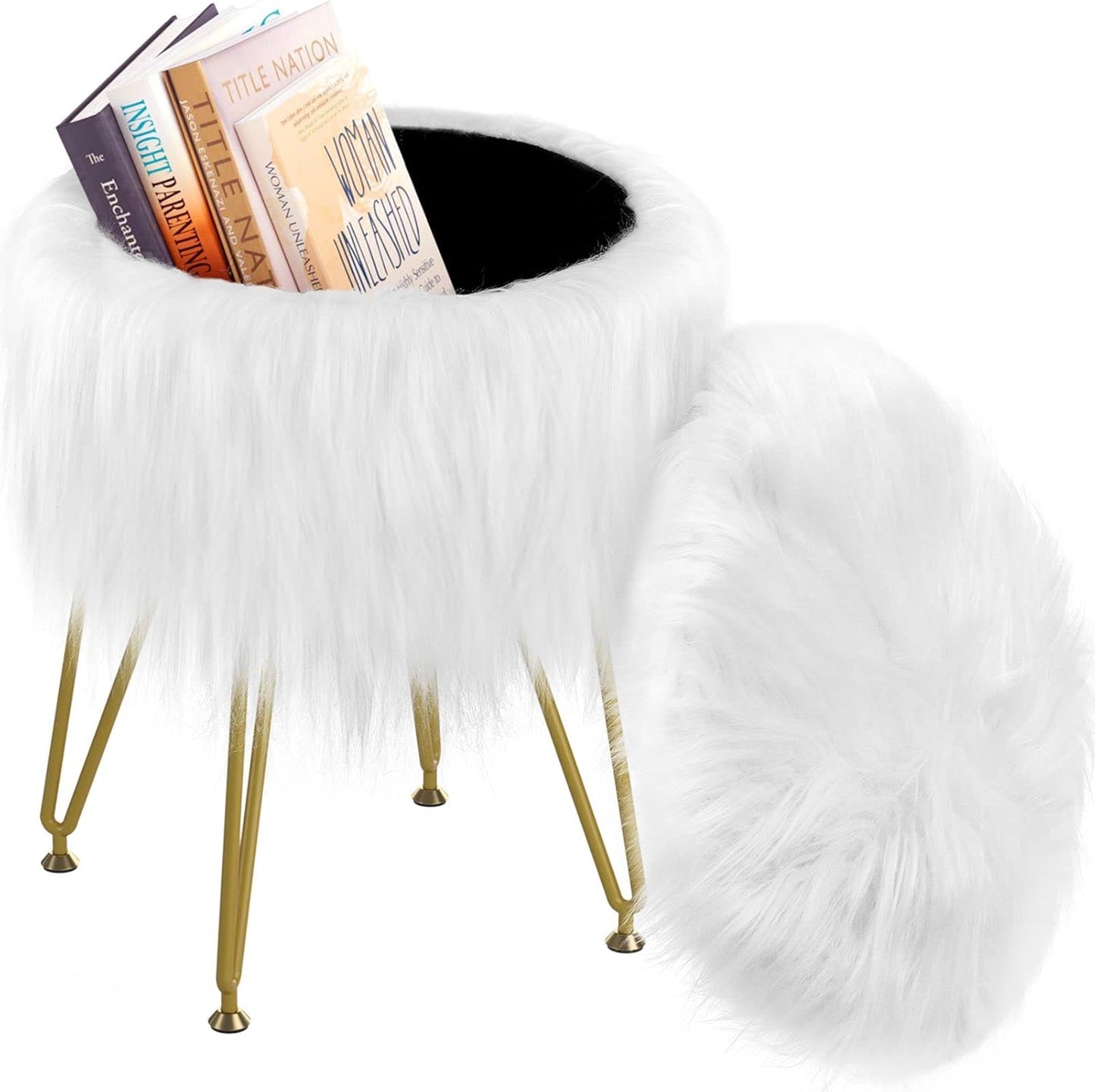 4 Vanity Stool Chair with Storage, Faux Fur Makeup Room Seat Stool, Soft Padded Seat, Round Footrest Footstools