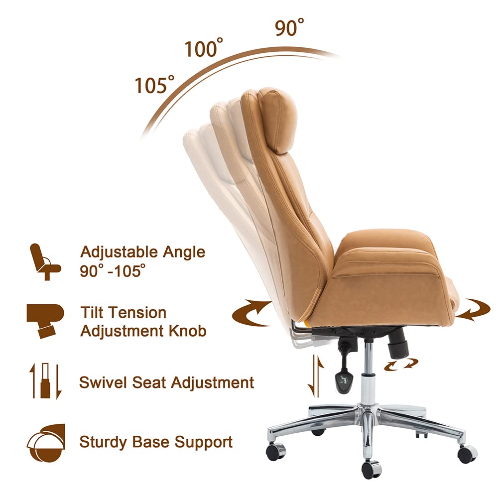 Glitzhome Modern Executive Office Chair, High Back PU Leather Ergonomic Computer Desk Chair, Adjustable Height Swivel Office Task Chair with Lumbar Back Support (Camel)