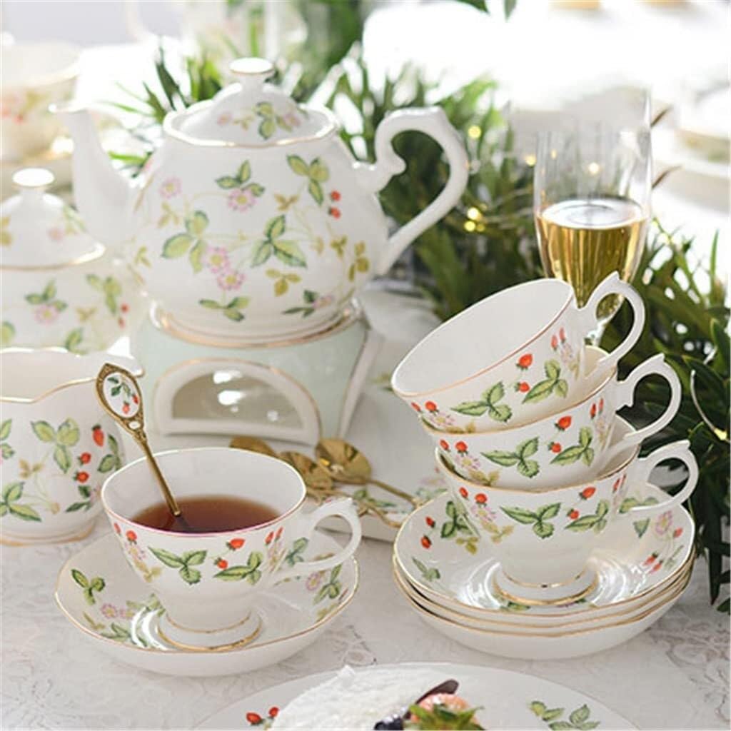 Wild Strawberry Pattern Retro Ceramic Coffee Cup and Teapot Set with Tower Design for Afternoon Tea