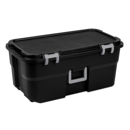 Sterilite 4 Pack Wheeled Footlocker, 22 Gallon Plastic Storage Container with Latching Lid and Handles, Black - Large Stackable Bin Home Organizer