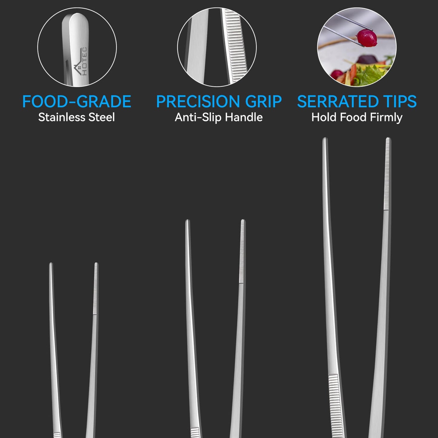 HOTEC Kitchen Tweezers Tongs Stainless Steel Professional Chef Tweezers, Set of 3-6.3", 10" and 12inch Food Tongs for Cooking, Repairing, Dessert, BBQ, Meat, Pasta, Silver
