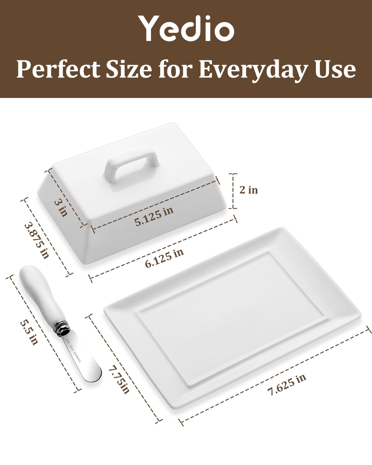 Yedio Large Butter Dish with Lid for Countertop, Porcelain Butter Keeper with Cover and Knife, Butter Holder Tray for 2 Sticks East Coast/West Coast/European Style Butter